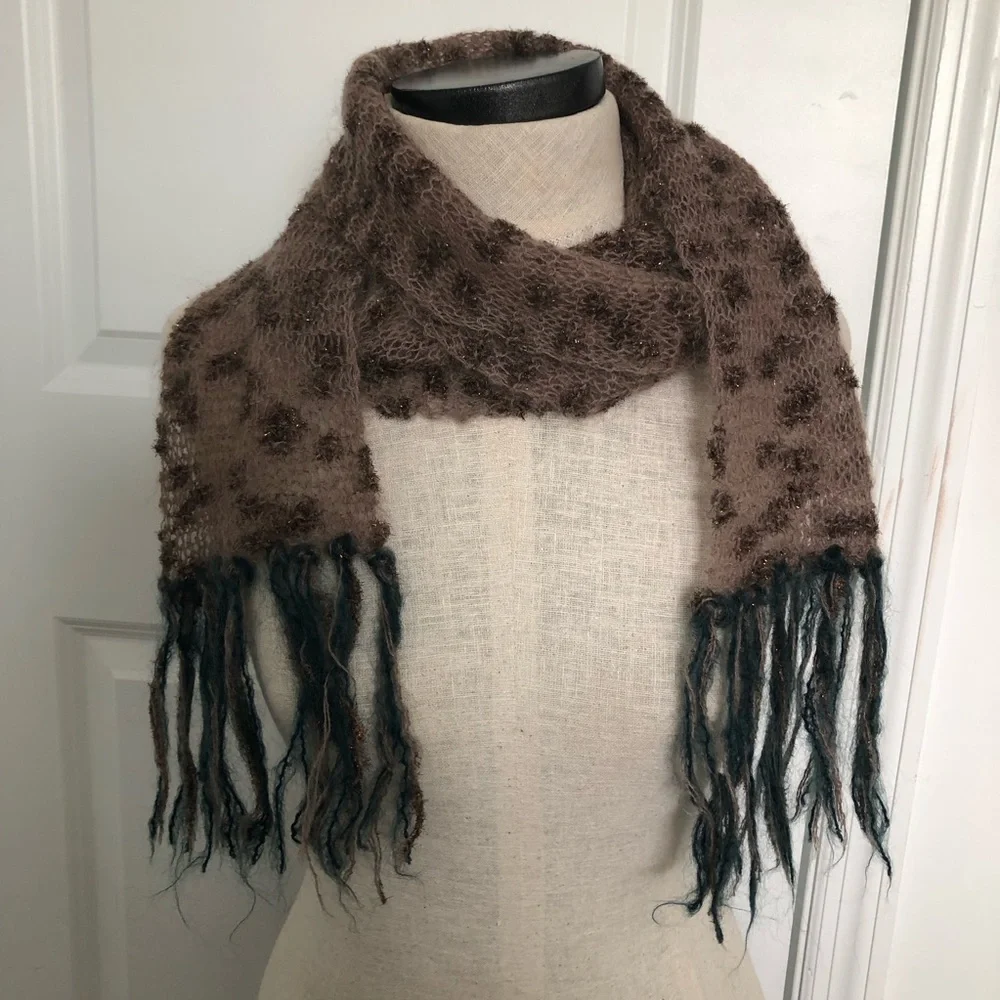 Bohemian Knit Scarf with Teal Fringe